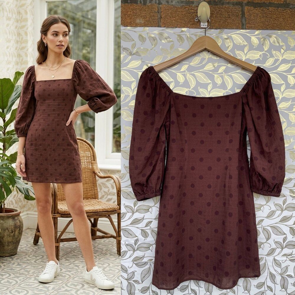 Peony Brown Polka Dot Puff Sleeve Mini Dress | Cottagecore Aesthetic | Size 8/4